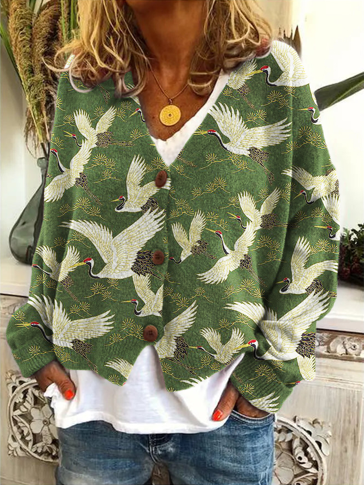 Cranes & Pine Trees Japanese Traditional Pattern Cozy Knit Cardigan
