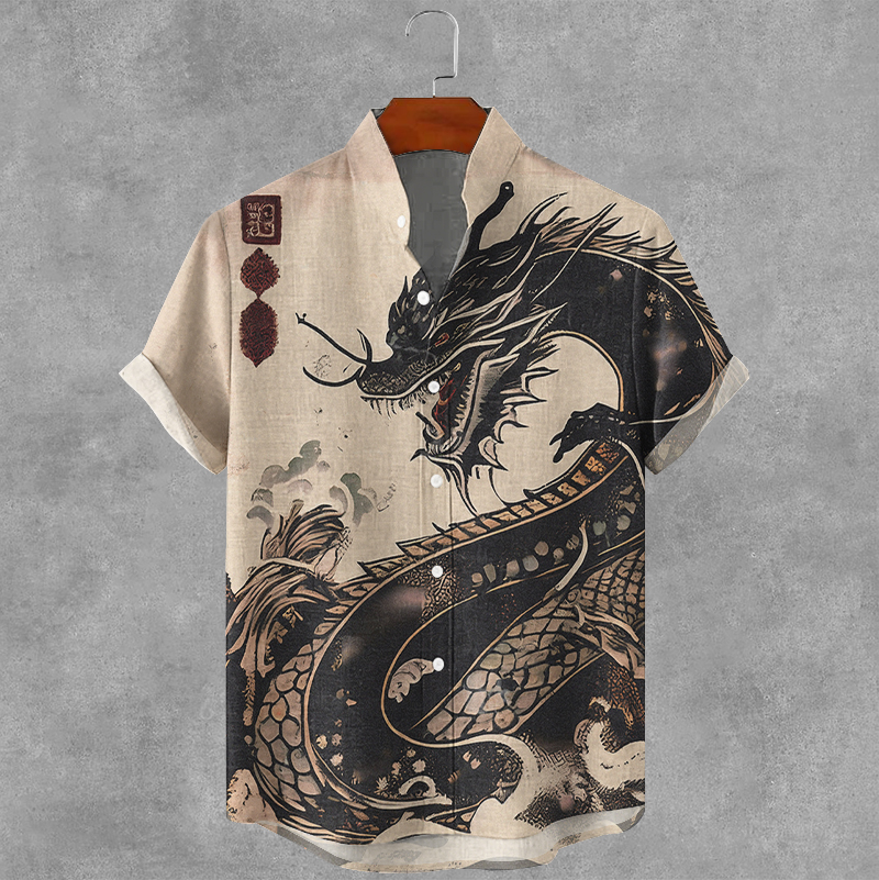 Men's Vintage Japanese Dragon Print Casual Shirt elevenforest