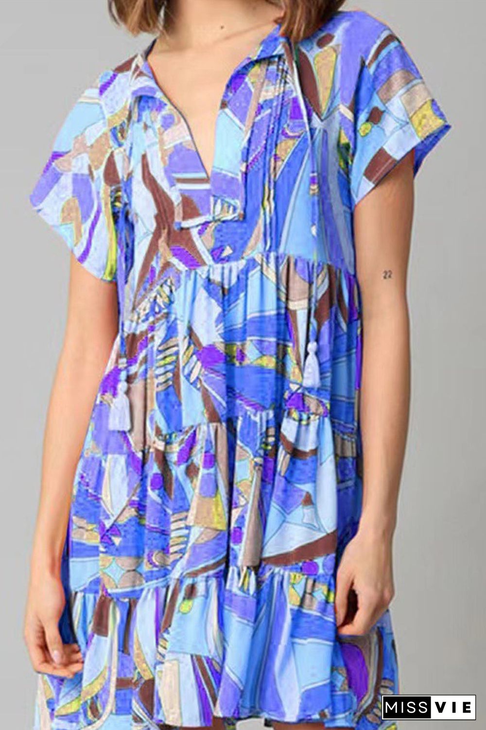 Bohemian Geometric Print V Neck A Line Dresses