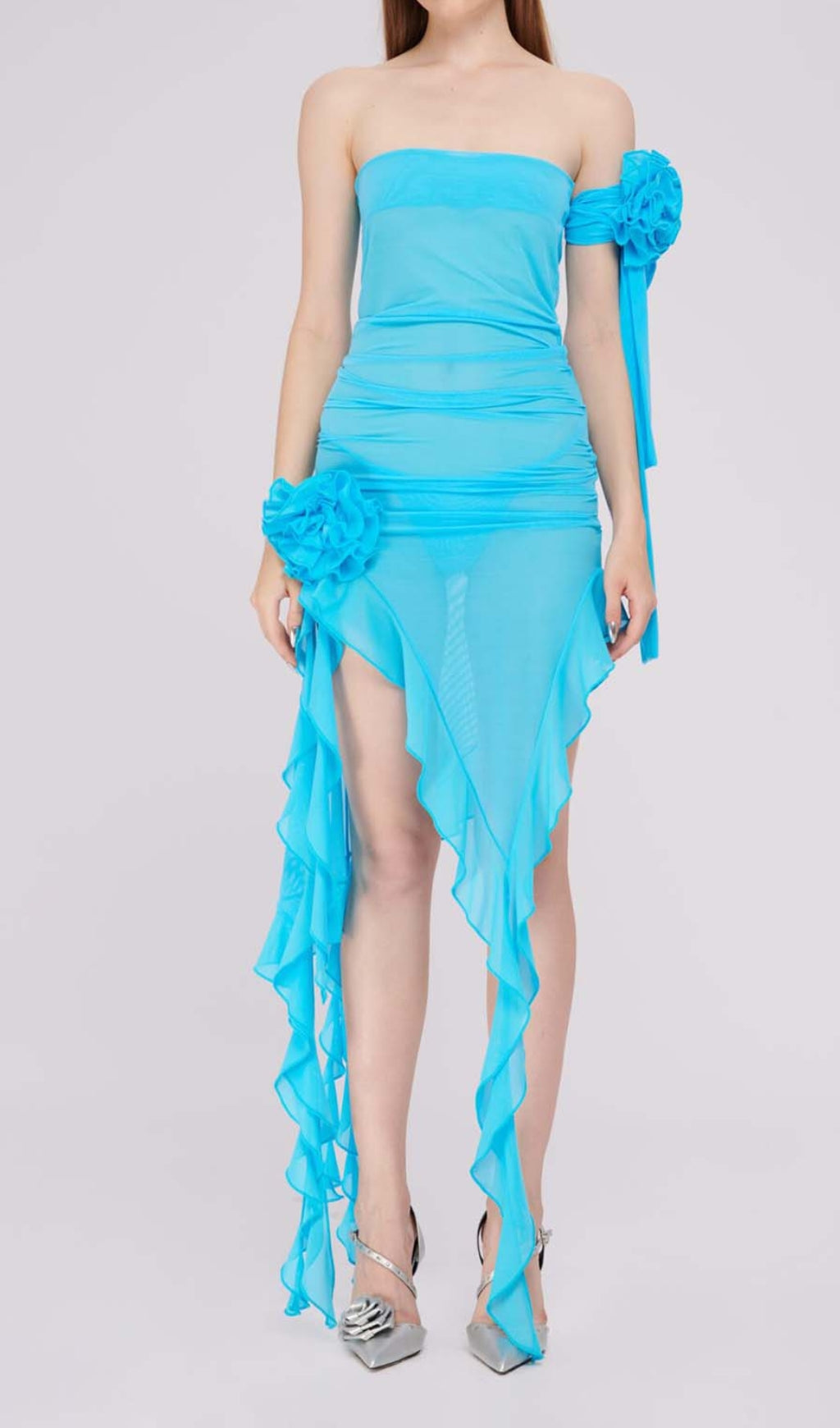 Ruffle Rosette Mesh Midi Dress In Blue Flowering Girl