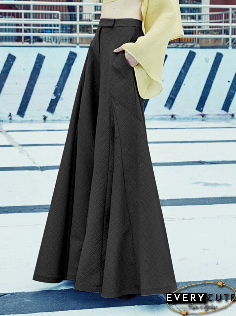 Solid Wide Leg Pocket Zip Front Loose Casual Pants