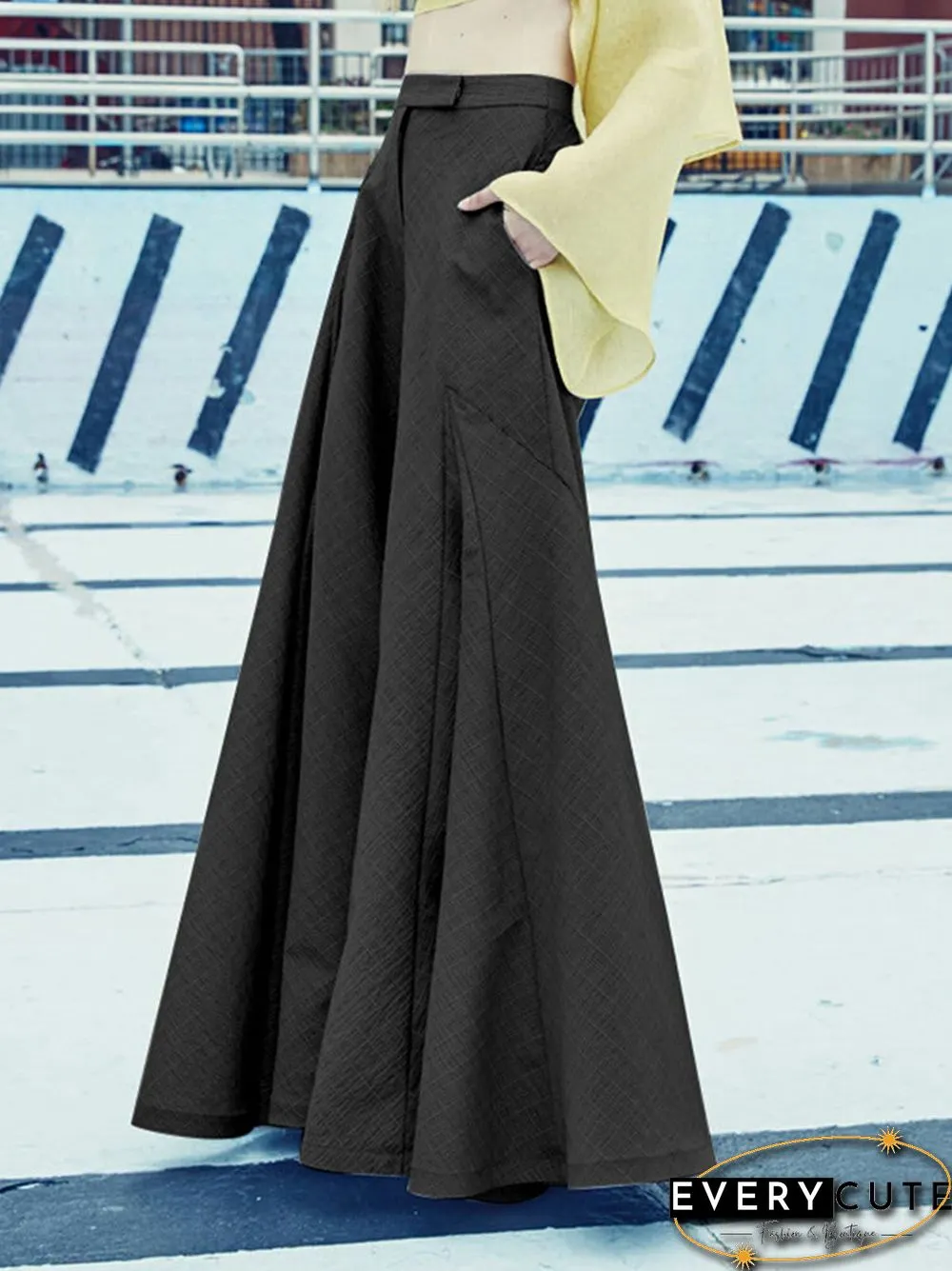 Solid Wide Leg Pocket Zip Front Loose Casual Pants