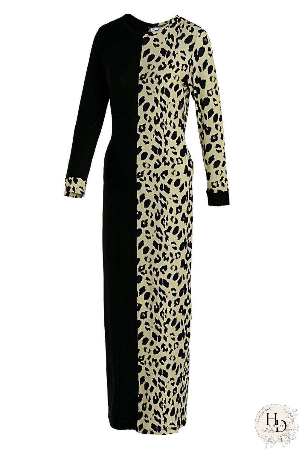 Rose Red Fashion Casual Print Leopard Split Joint O Neck Long Sleeve Dress