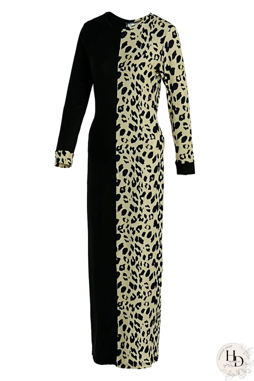 Rose Red Fashion Casual Print Leopard Split Joint O Neck Long Sleeve Dress