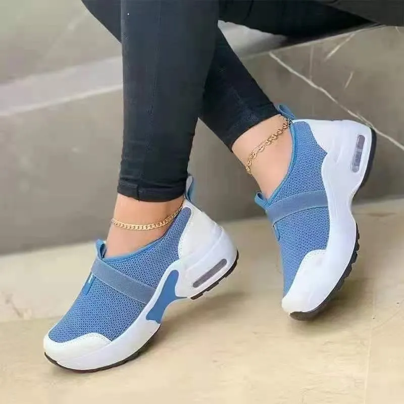 Women's Casual Shoes Solid Color Knitted Mesh Air Cushion Sneakers Comfortable and Lightweight Outdoor Non-slip Running Shoes