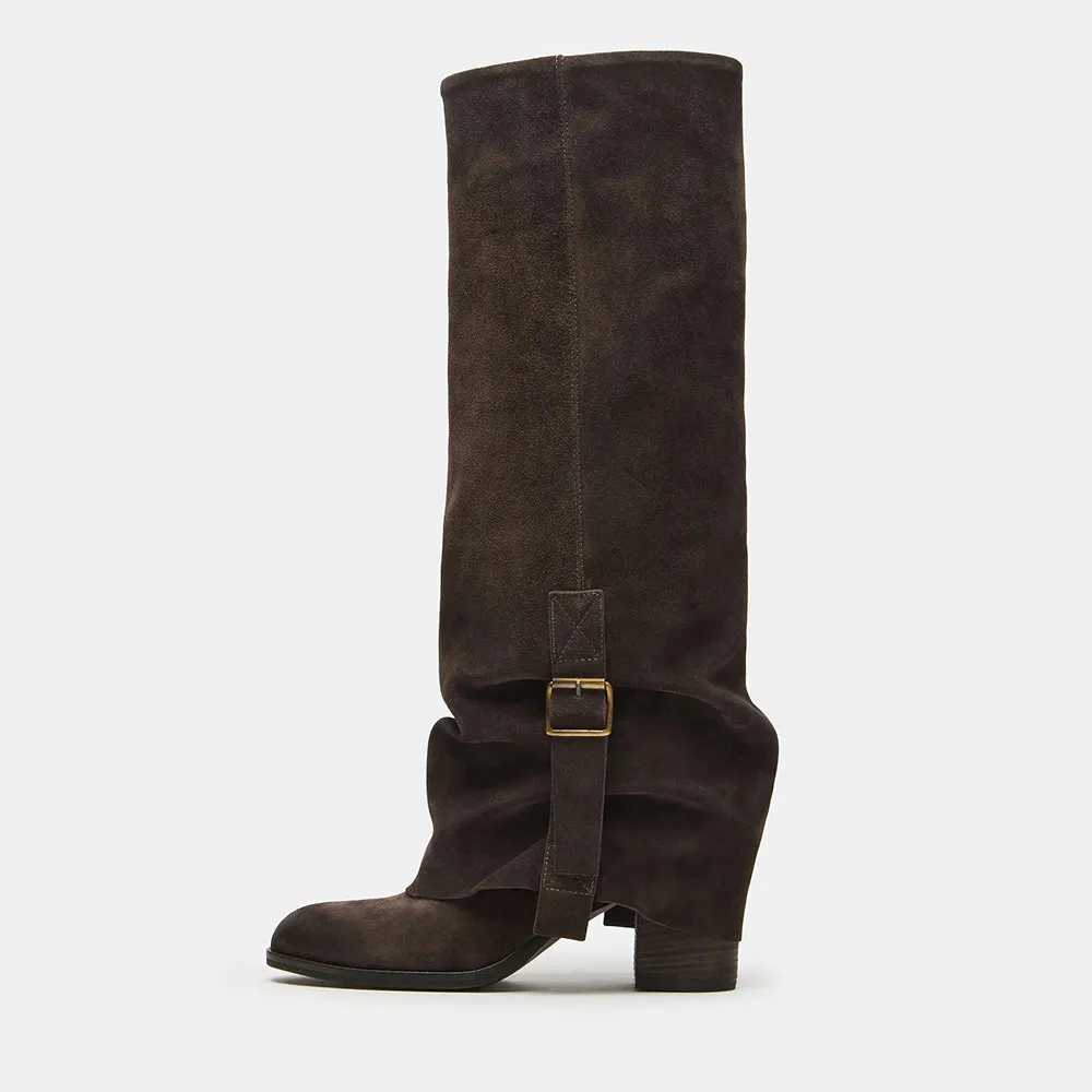 Brown Vegan Suede Round Toe Fold Over Knee High Boots with Buckle