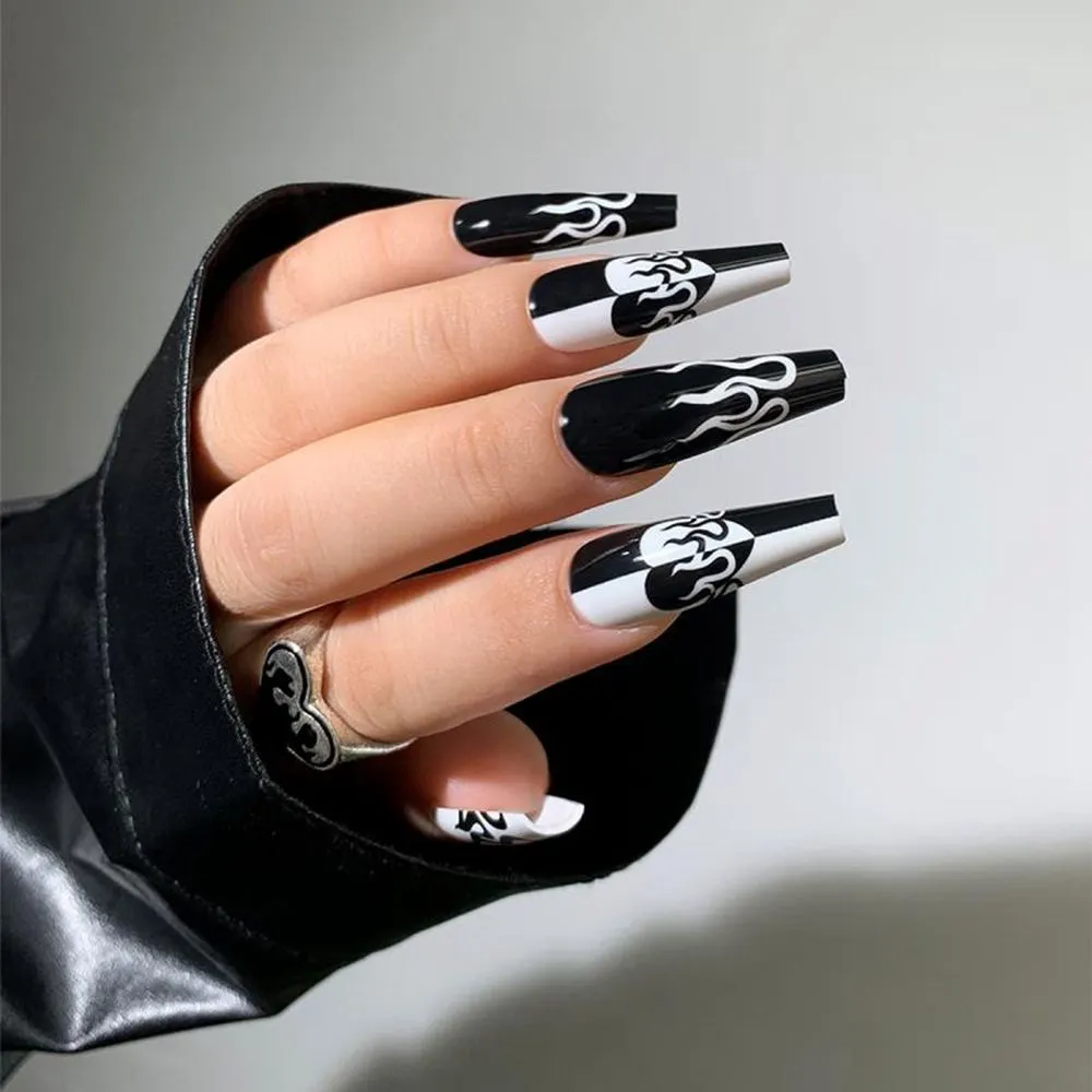 24Pcs Press On Nails Coffin False Nails Sexy Pattern Design Black Long French Ballet Fake Nails Tips for nails Nails Accessories-Nail Inspo