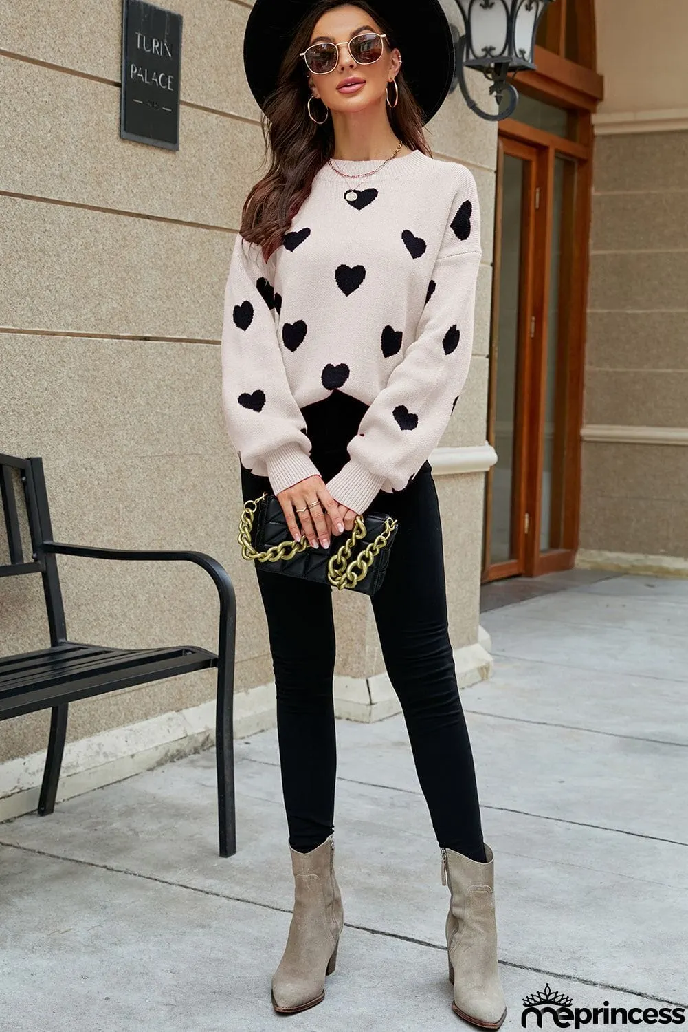 Heart Pattern Ribbed Trim Knit Sweater