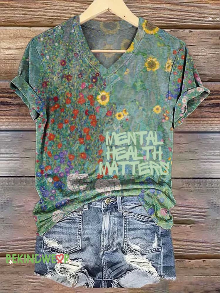 Women&rsquo;s Retro Floral Mental Health Awareness V-neck Casual T-Shirt Multicolor / S