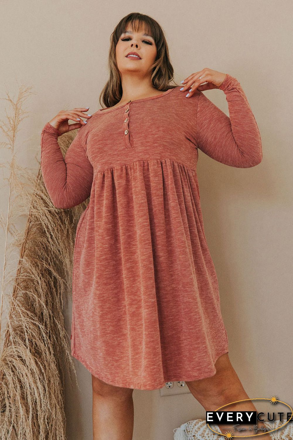 Plus Size Mineral Washed Ribbed Henley Dress
