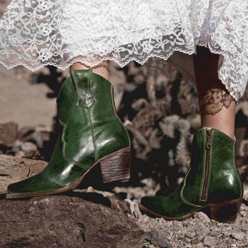 Green Chunky Heel Pointed Toe Cowgirl Short Boots for Women