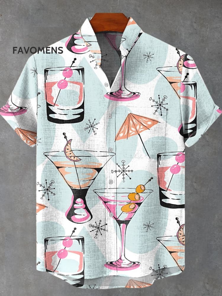 Vintage Vacation Cocktail Art Print Casual 100% Cotton Shirt Multicolor / S