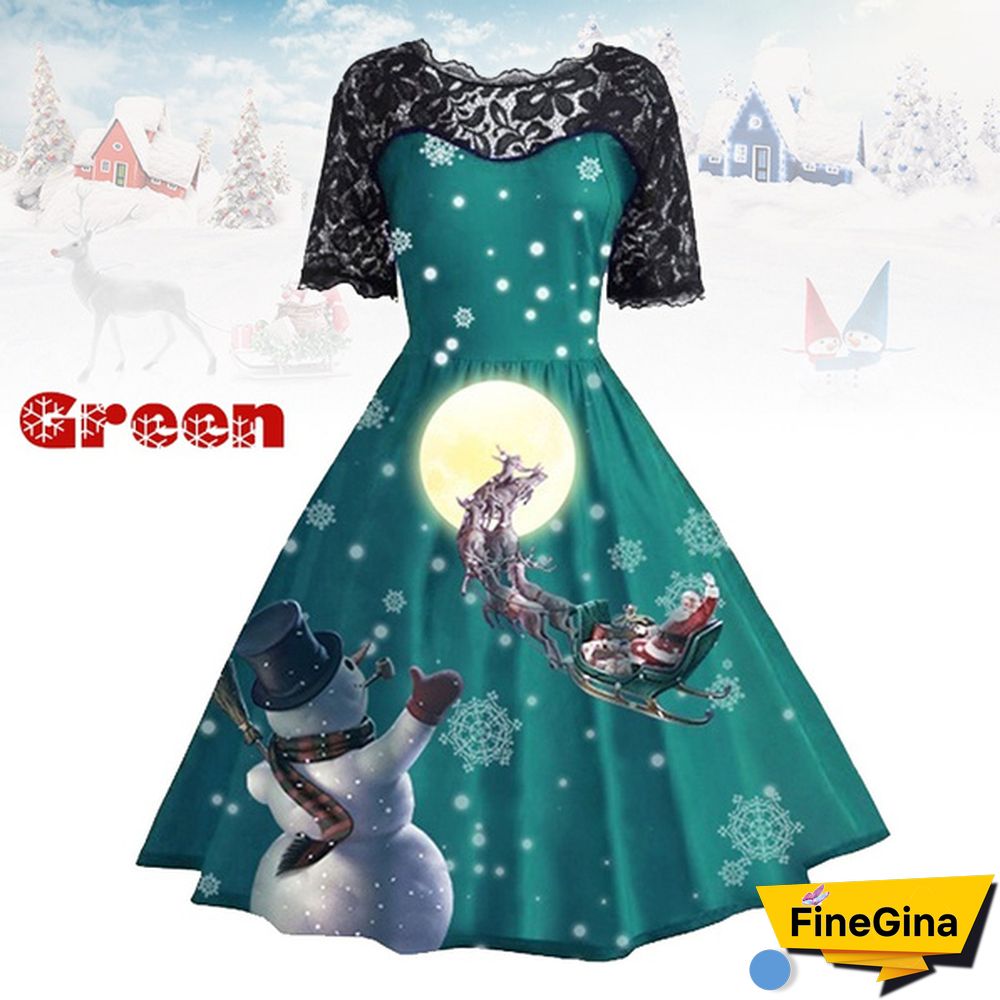 Plus Size Fashion Women Pumpkin Snowflake Print Dress Short Sleeve Lace Dress Christmas Halloween Costume Knee Length Party Dresses