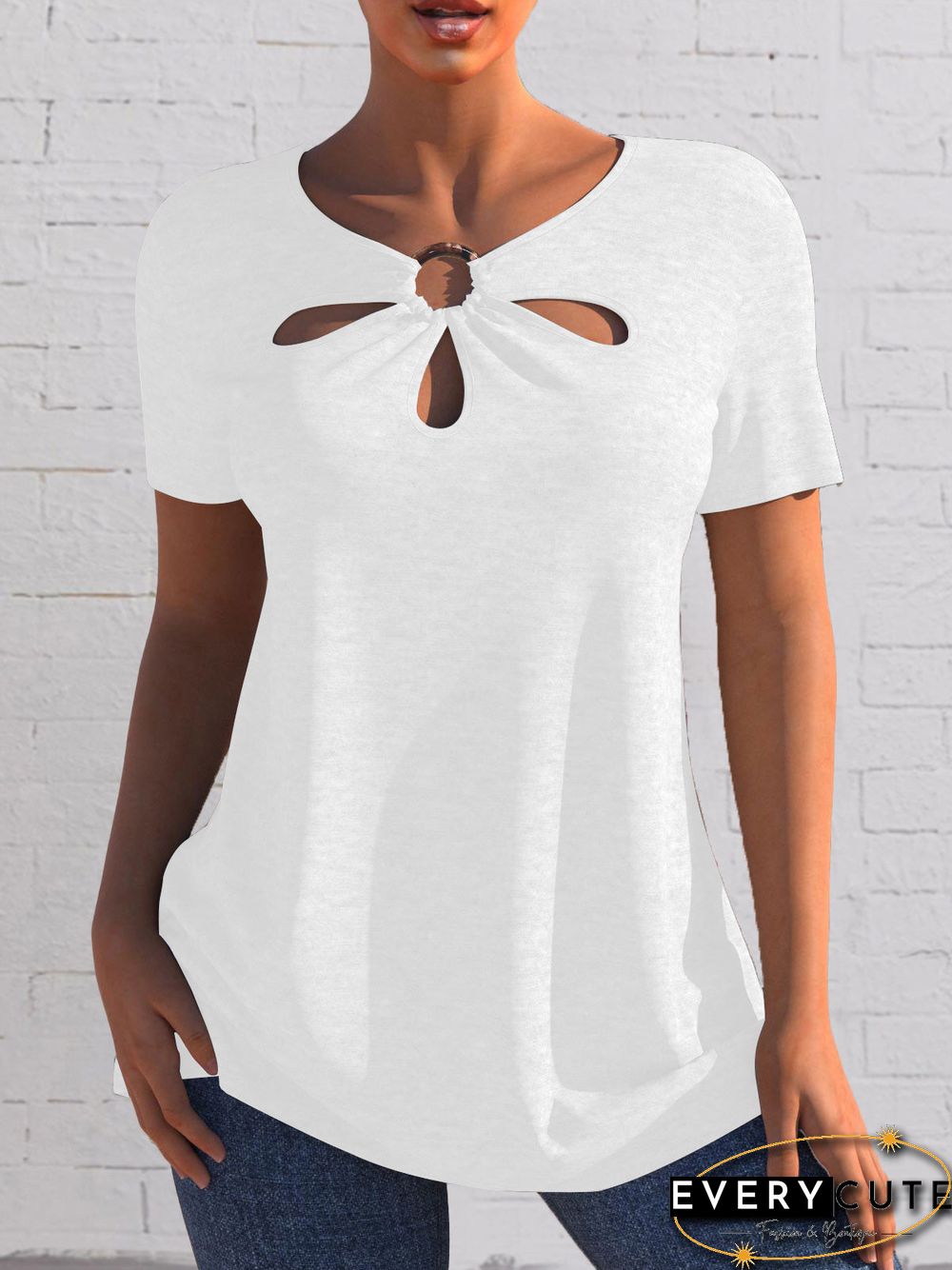 Women'S T-Shirts Solid Hollow Short Sleeve T-Shirt