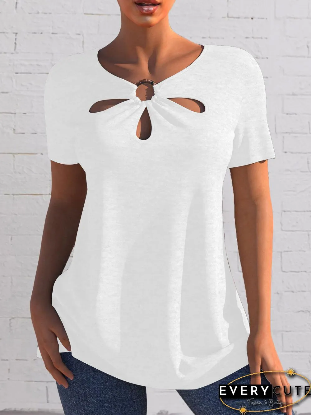 Women'S T-Shirts Solid Hollow Short Sleeve T-Shirt