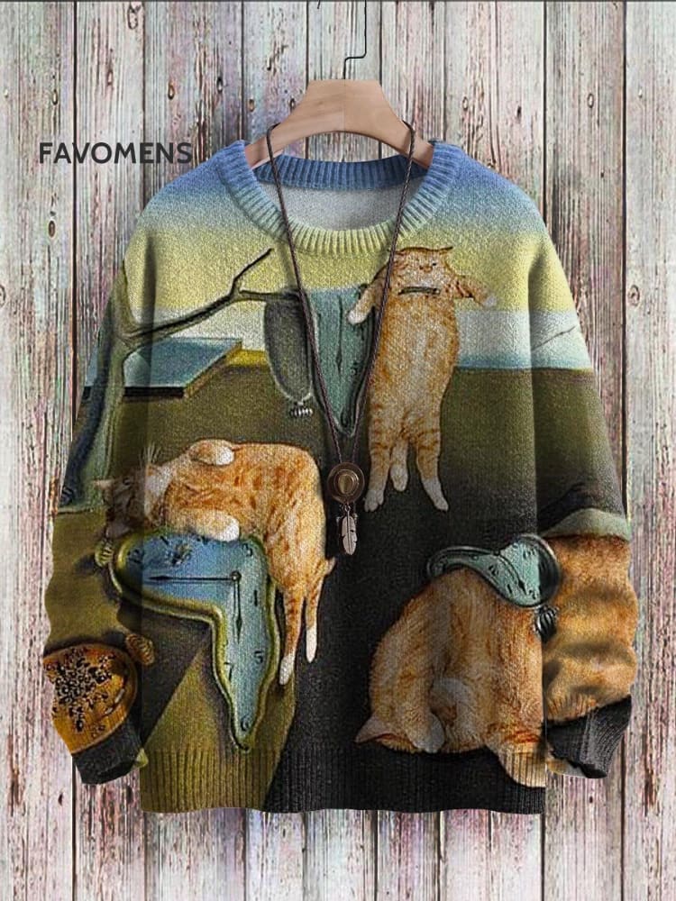 Cute Cats Time Art Pattern Print Casual Knit Pullover Sweater Multicolor / S