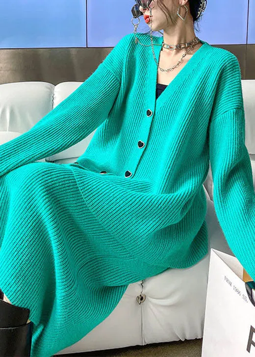 Plus Size Green V Neck Button Winter Knit Two-Piece Set