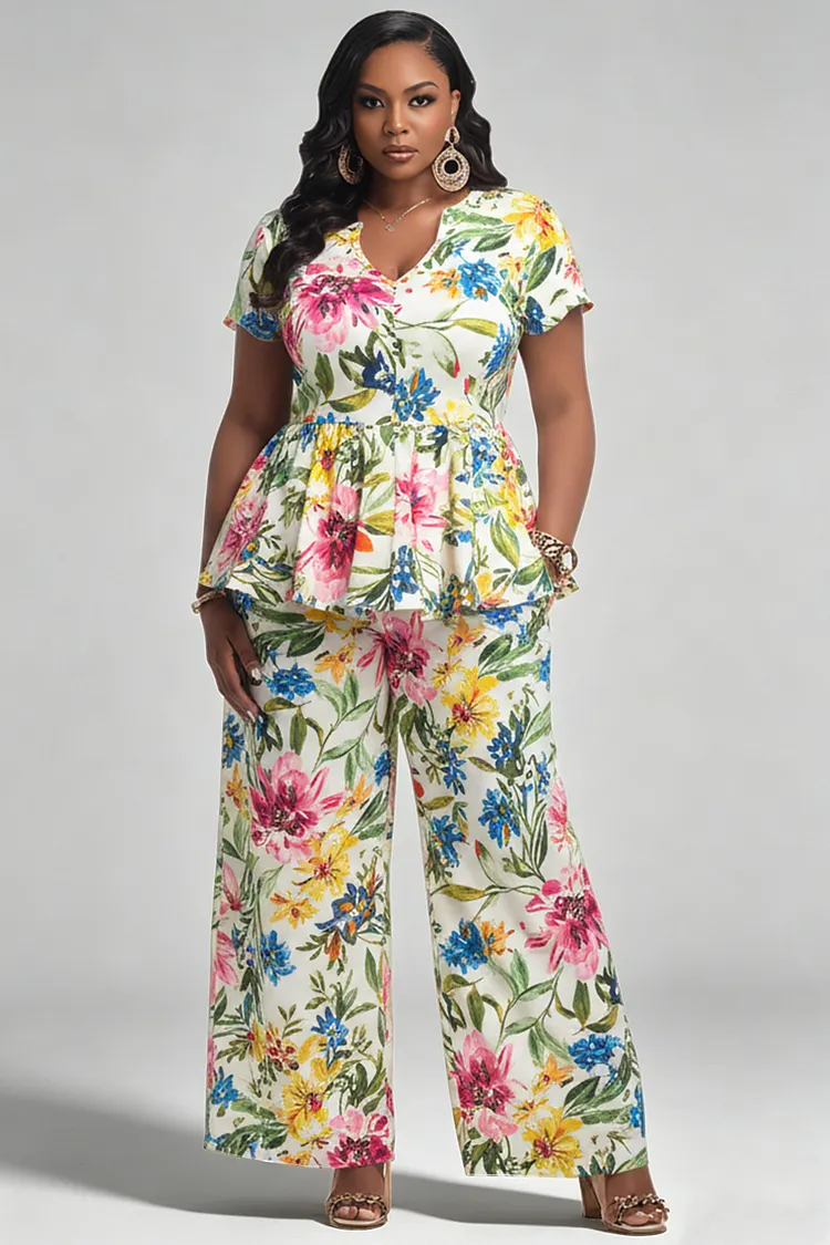 Xpluswear Design Plus Size Daily Multicolor Floral V Neck Short Sleeve Pocket Wide Leg Two Piece Pant Sets [Pre-Order] 2024 - Xpluswear