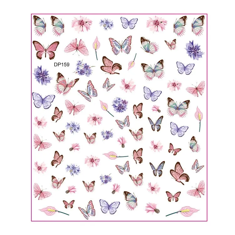 1pc Holographic Blue Nail Stickers Pink Colorful Butterfly Art Sticker With Adhesive DIY Extension Flowers Rose Nail Decoration-Nail Inspo