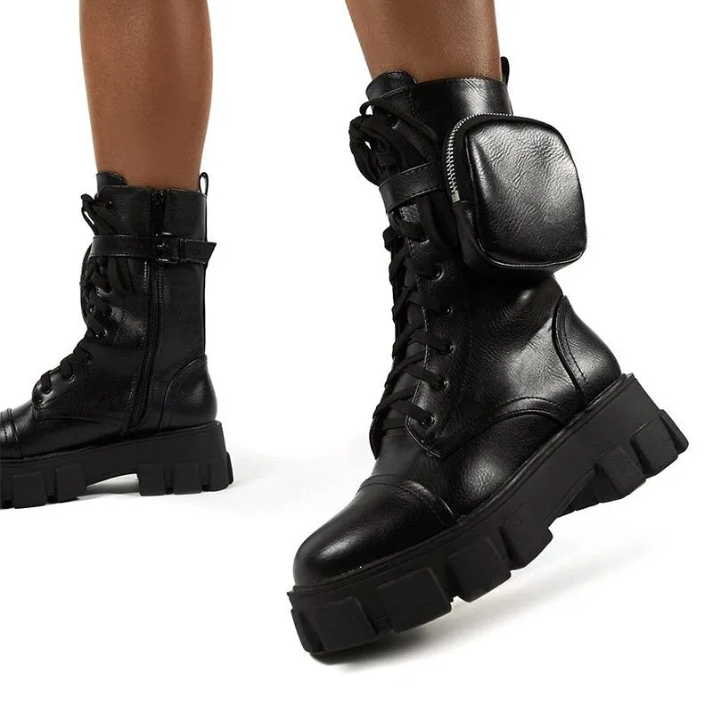 Women's Boots Buckle Strap Zipper Ladies Motorcycles Boots Pocket  Lace Up Female Combat Runway Ankle Boots Woman Platform Shoes