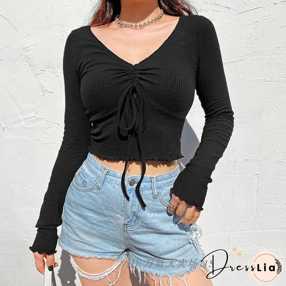 Casual Solid O-Neck Long Sleeve Crop Top Women Side Drawstring Ruched White T-Shirt Female Tee Shirt Top For Women Clothing
