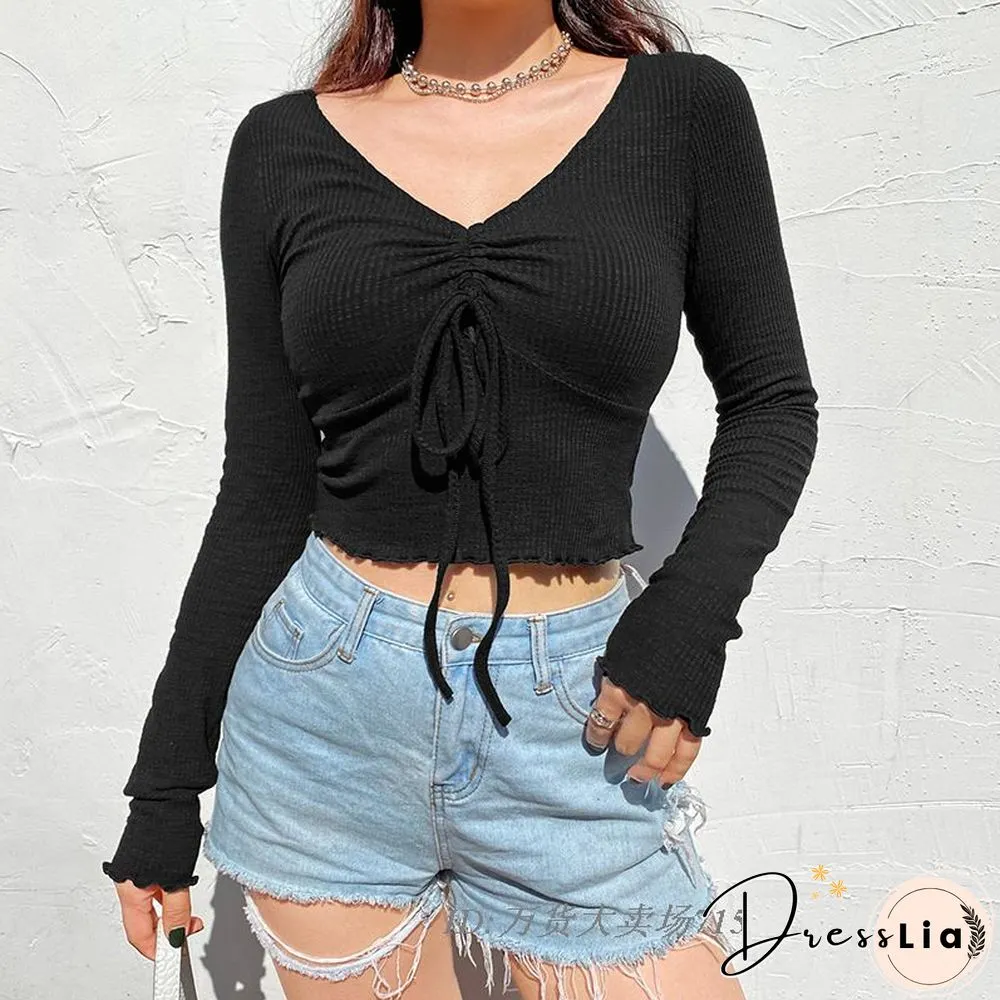 Casual Solid O-Neck Long Sleeve Crop Top Women Side Drawstring Ruched White T-Shirt Female Tee Shirt Top For Women Clothing