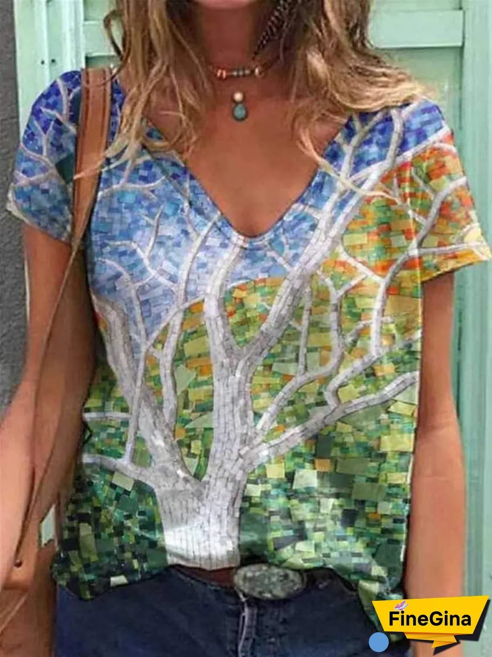 Loose V Neck Printed Shirt