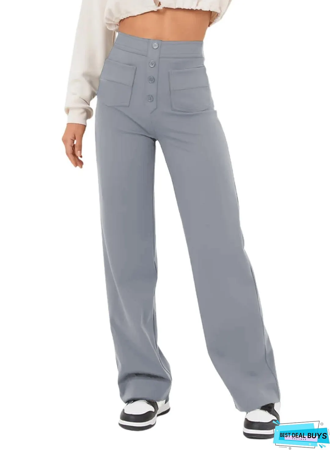 Women's Straight High Waist Button Elastic Band Pants