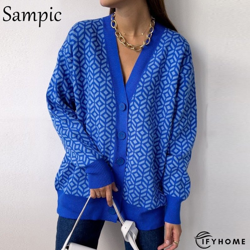 Christmas Gift Sampic Loose Patchwork Knitwear Winter Women Cardigans Tops Oversized Long Sleeve Y2K V Neck Sweater Casual Fashion Tops | IFYHOME