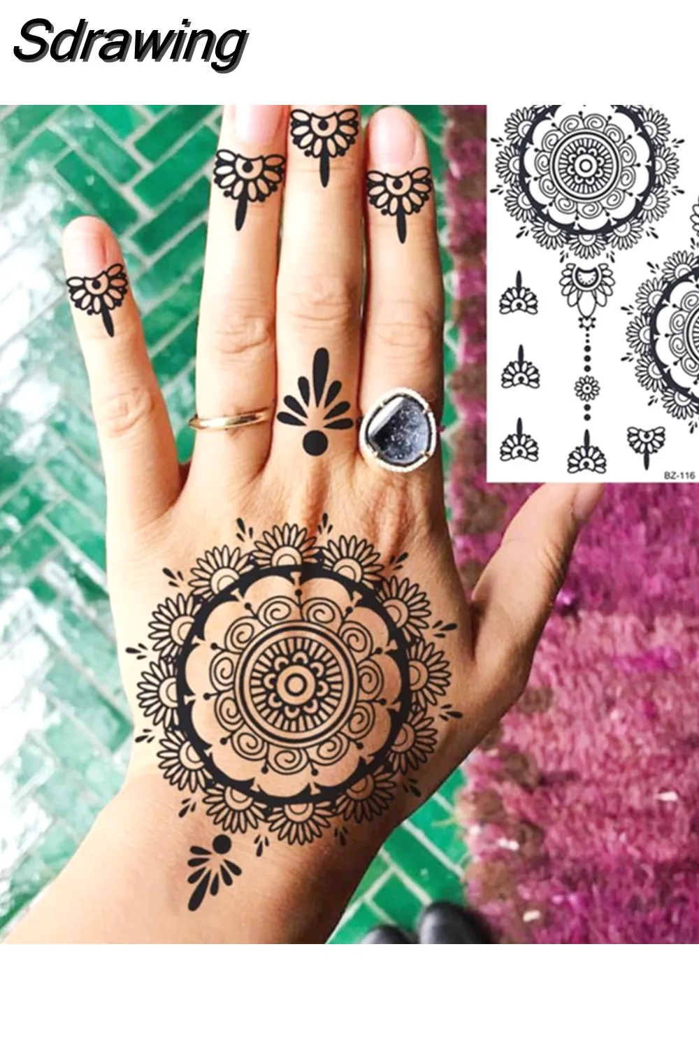 Sdrawing Peony Flower Temporary Tattoos For Women Adults Realistic Compass Moon Pendant Fake Tattoo Sticker Arm Body Tatoos 507-1
