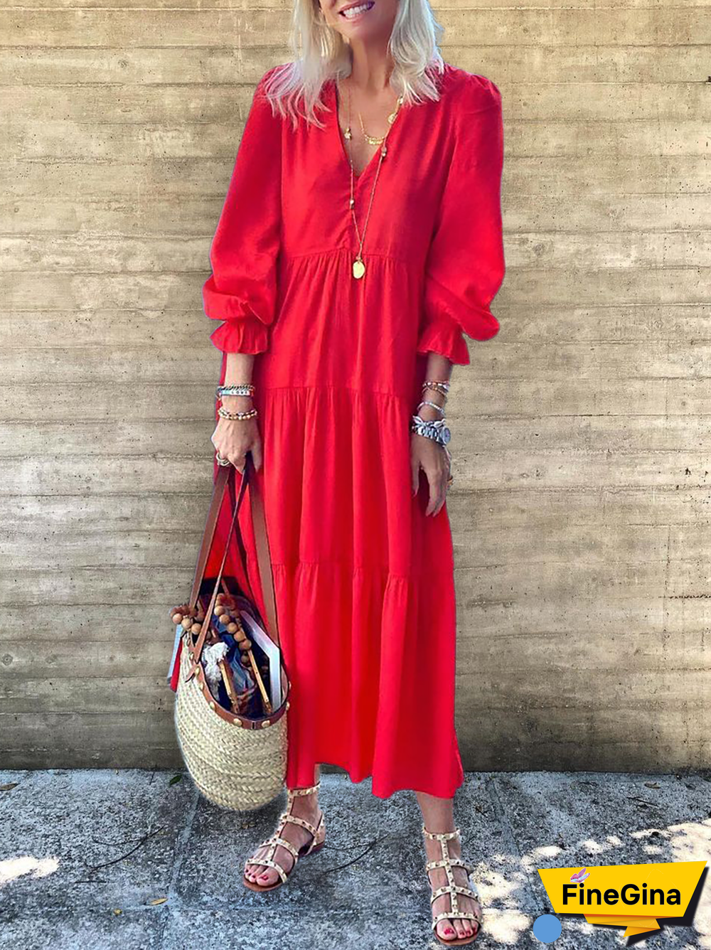 Plus size V Neck Plain Casual Dresses
