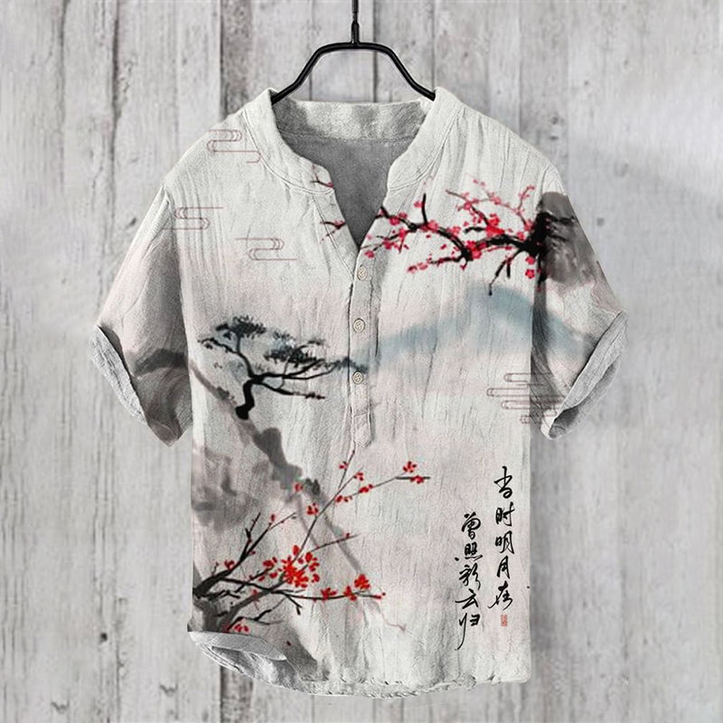 Men'S Ink Landscape Painting Cotton And Linen Shirt  artssus
