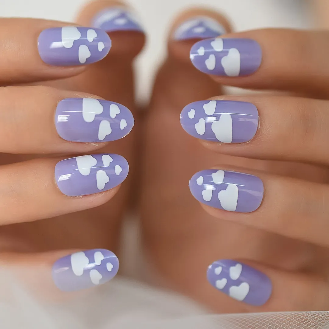 Long Almond White Flower Pattern Mixed Gel Tips Decoration Nails False Hand Dummy Stick On Nails Full Cover Nails-Nail Inspo