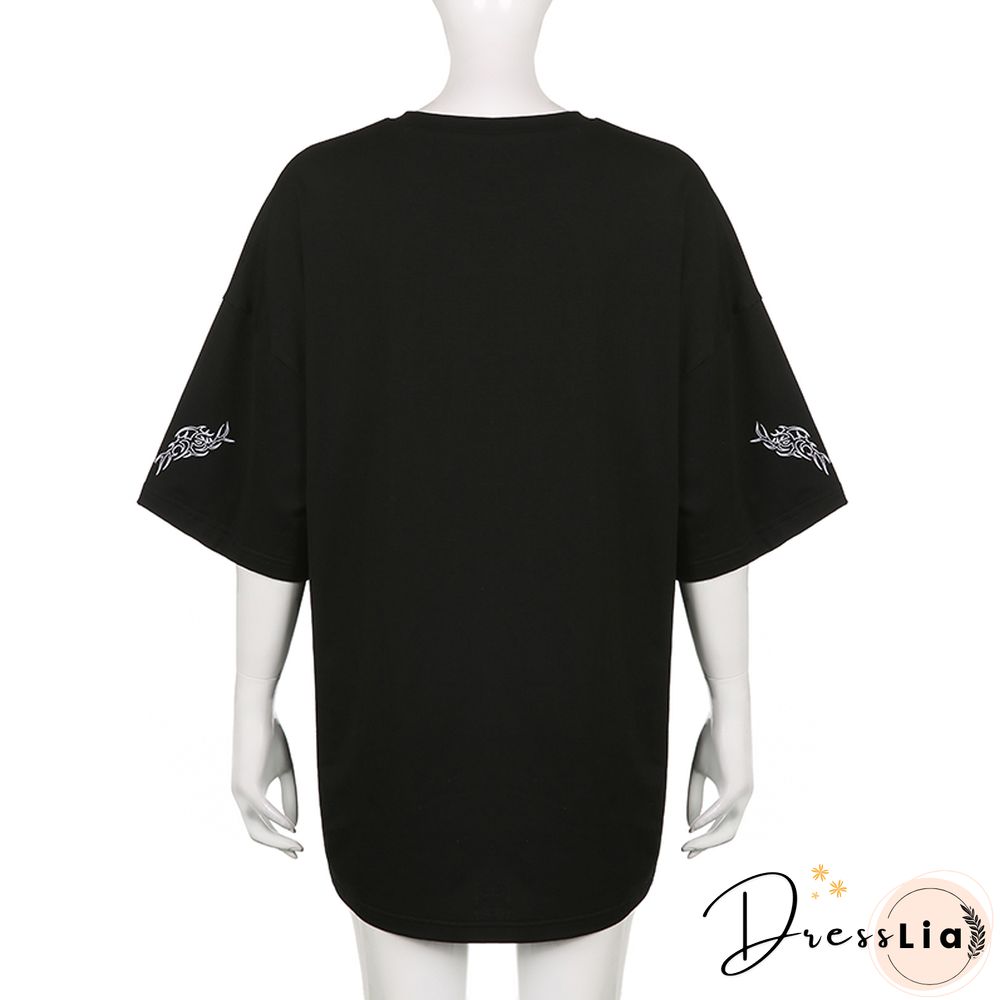 Fashion Oversized Black Long T-Shirts Women Goth Print Aesthetic Grunge Graphic Tees Short Sleeve Tops Summer Clothing