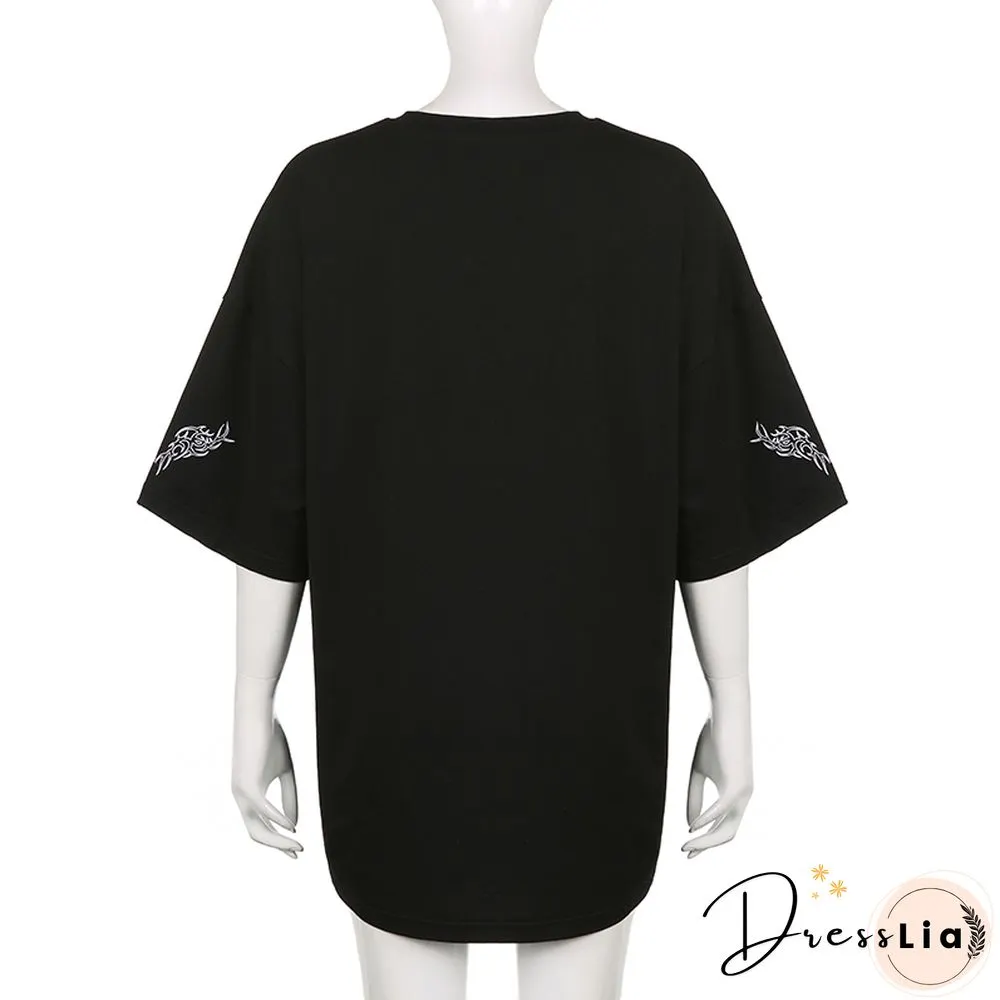 Fashion Oversized Black Long T-Shirts Women Goth Print Aesthetic Grunge Graphic Tees Short Sleeve Tops Summer Clothing