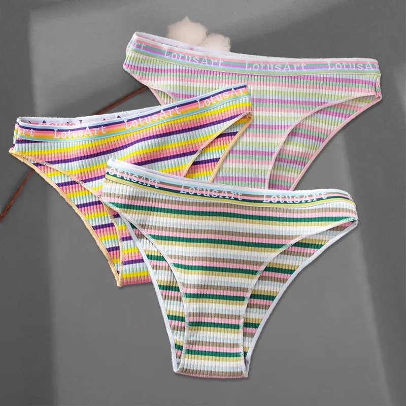 FINETOO 3Pcs/set Colorful Stripes Panties Women's Cotton Briefs M-XL Low-Rise Rainbow Underwear Ladies Underpants Girls Panties