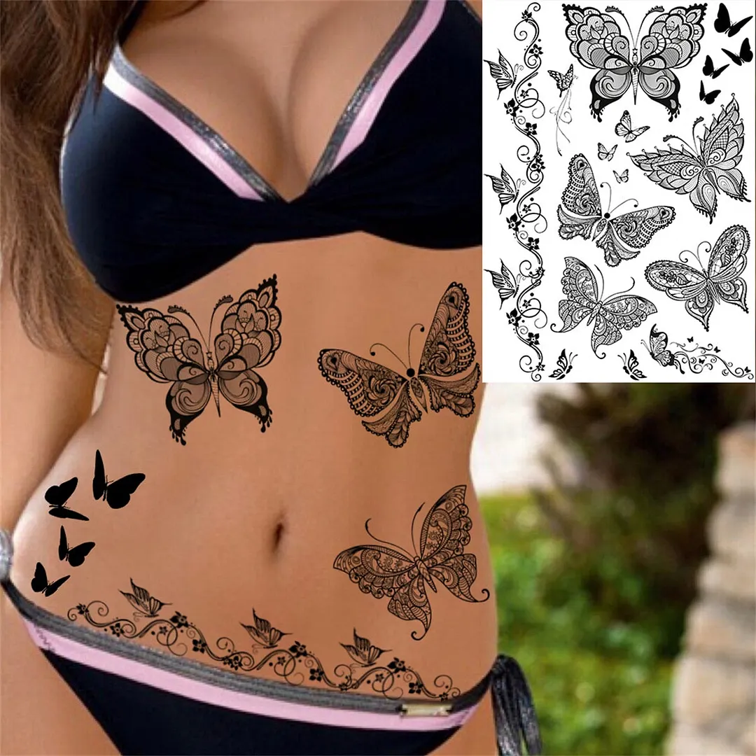Sexy Black Henna Temporary Tattoos For Women Girls Lotus Flower Lace Tattoo Sticker Fake Jewelry Mandala Body Chest Tatoos Paper
