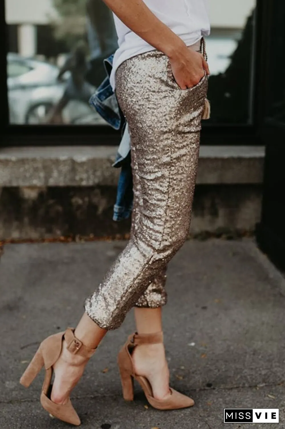 Casual Sequin Elastic Waist Pants