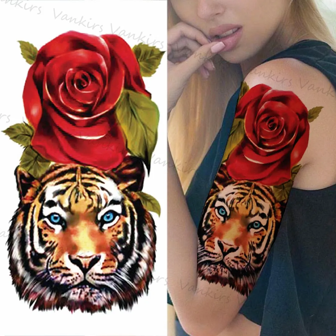 Sdrawing Lion Crown Temporary Tattoos For Women Men Wolf Compass Tiger Mountain Flower Fake Tattoo Sticker Arm Body Tatoos