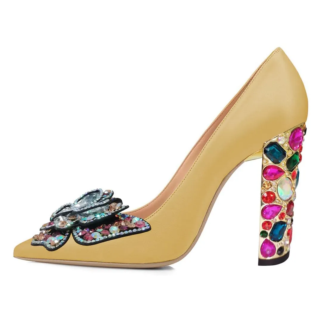 Pointed Toe Rhinestone Butterfly Slip-On Pumps Heels in Yellow