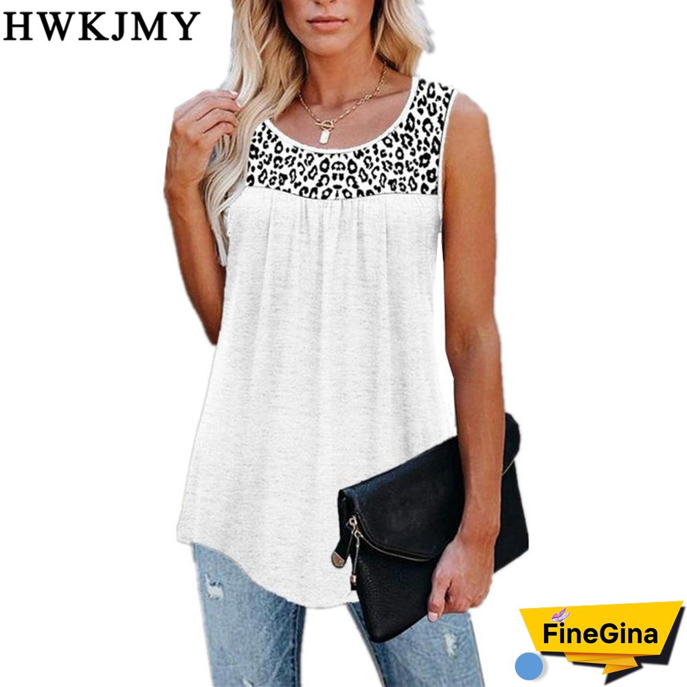 Summer Womens Fashion Casual O Neck Sleeveless Tops Leopard Printed Patchwork Camisole Loose Pleated Tank Tops Ladies Blouses