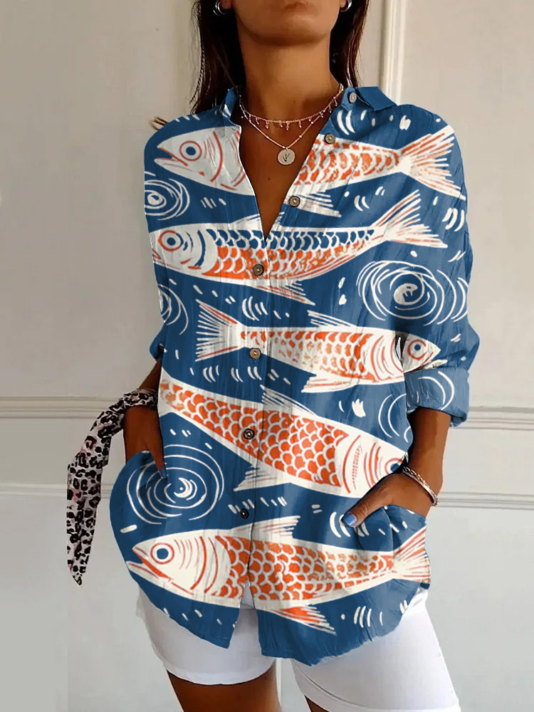 Vintage Fish Art Print Long Sleeve Shirt