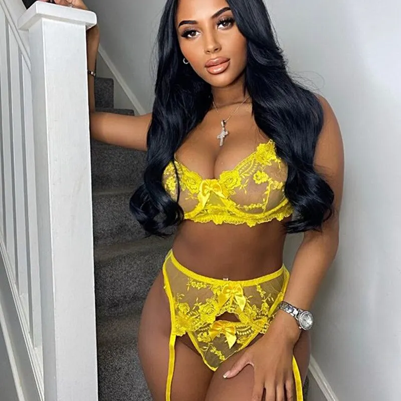 MIRABELLE Erotic Lingerie Woman 3-Piece Transparent Set Fancy Embroidery Underwear Brief Set Sexy Lace Bra And Thong Garters Set