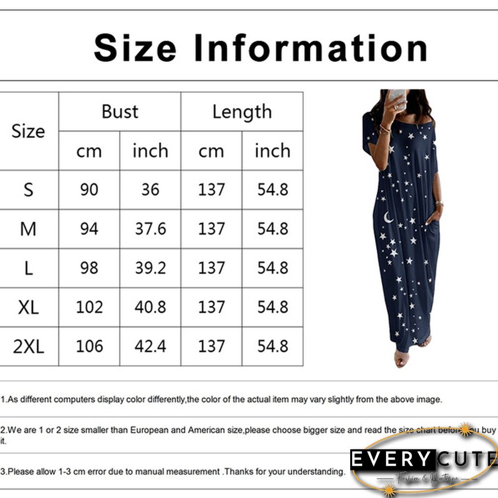 Plus Size Xs-5Xl Women Loose Casual Short Sleeve Moon Stars Print Maxi Dress Home Clothes Soft Long Dresses Homeware Vestidos Casuales