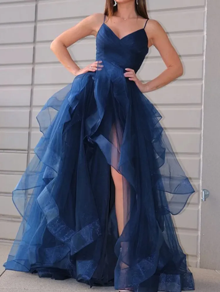 V Neck Tulle Evening Dresses for Women High Low Ruffle Formal Prom Dress for Girls