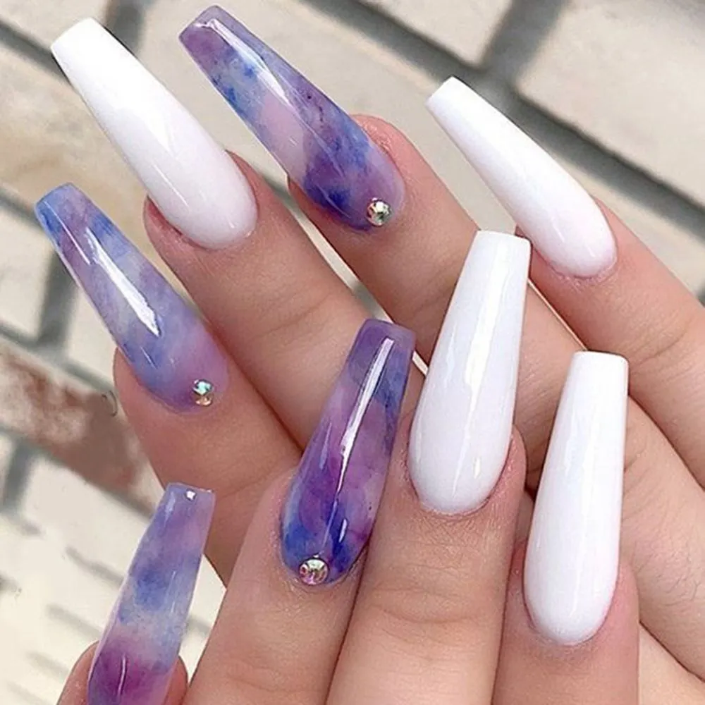 24pcs Extra Long Matte Fake Nails Ballerina Coffin Dark Blue Colorful Rhinestone Decals False Nails with designs Nail Art-Nail Inspo