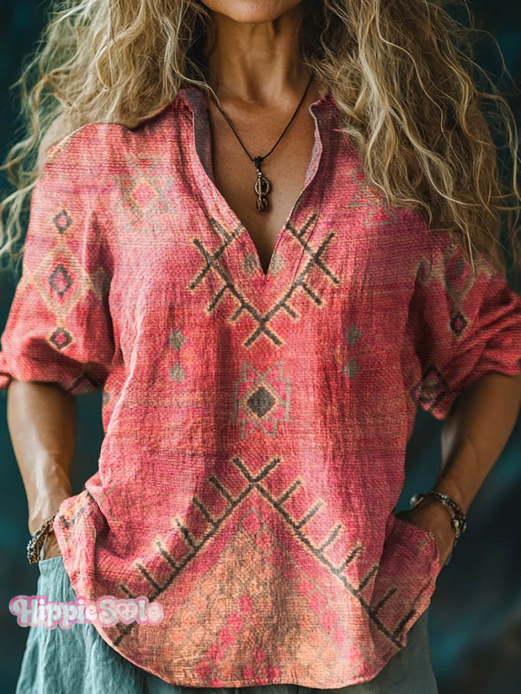 Women&rsquo;s Retro Totem Print Casual Linen V-Neck Shirt Multicolor / S