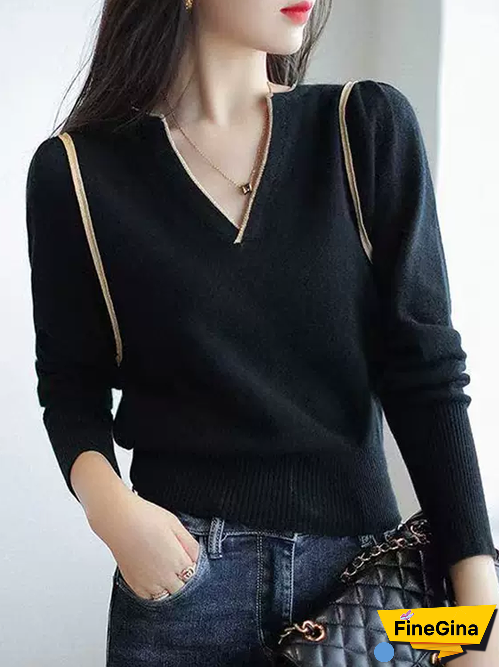 Black Print V-Neck Sweater