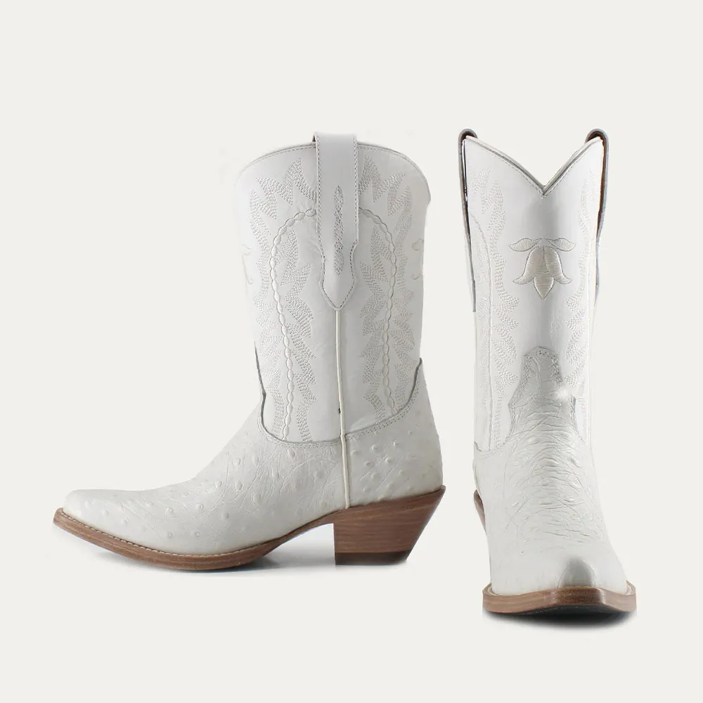White Snip Toe Chunky Heel Embroidered Pull On Cowgirl Boots