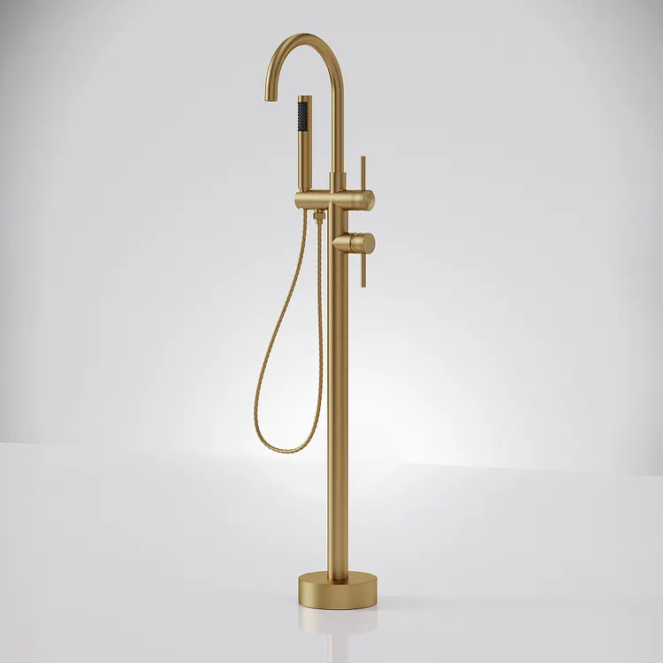 EVERSTEIN Freestanding Floor Mount Bathtub Faucet in Brushed Gold